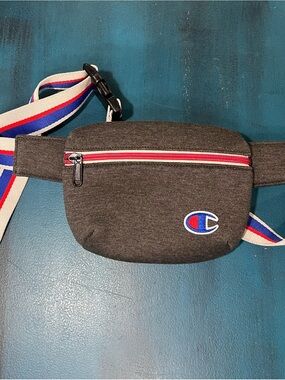 Champion Dark Gray Belt Bag with Red Zipper and Tricolor Strap